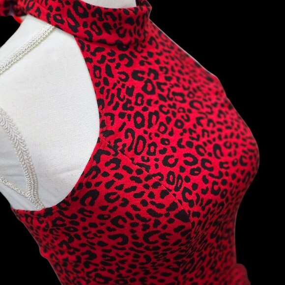 Bebe Red Leopard Halter Top S – Tie-Back Stretchy Sleeveless Y2K Glam Vintage - Picture 5 of 8